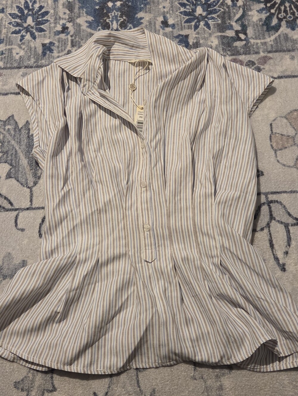Max Studio Blue and Brown Striped Button-Front Top